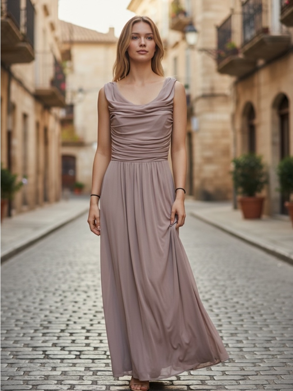 Dessy Collection Taupe Cowl-Neck Maxi Dress